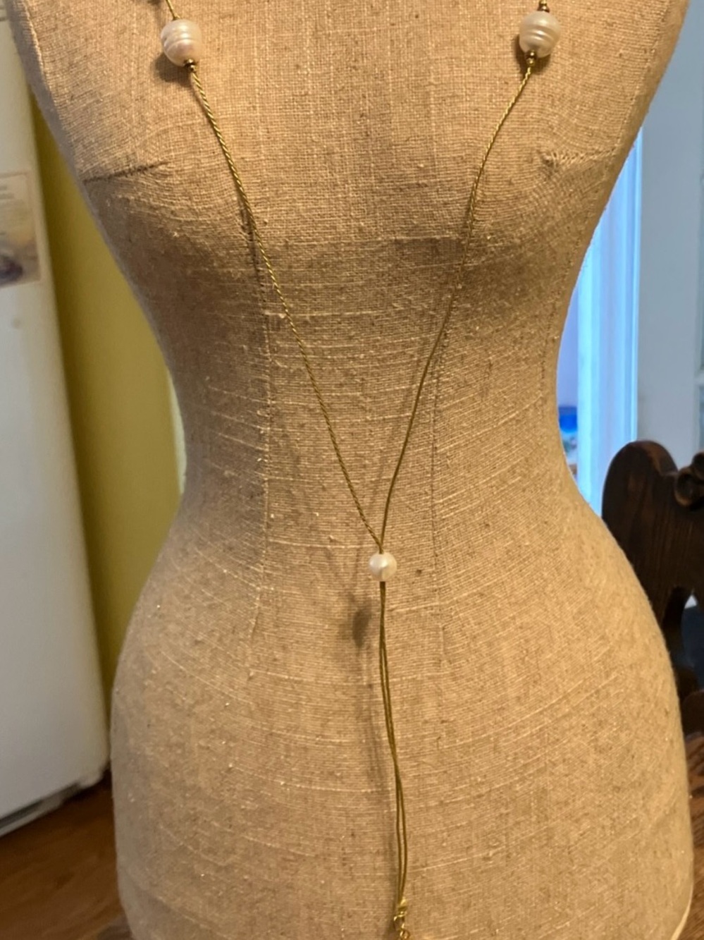 LUC Braided Rope 925 over gold plate pearl tassell  lariat necklace 38” long